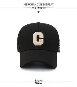 Front view of black cotton baseball cap with ivory C letter towel embroidery detail