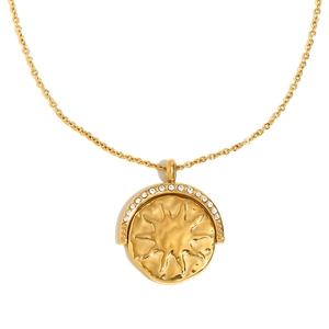 18K gold plated stainless steel sun coin necklace with a rotating diamond-set outer ring