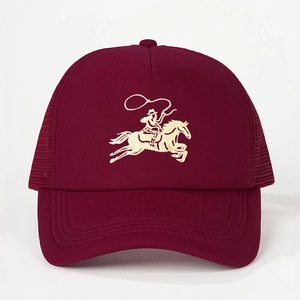 Vintage burgundy mesh trucker hat featuring western cowboy horse embroidery and adjustable strap