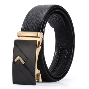 Close-up of black lychee texture leather belt with gold geometric alloy buckle