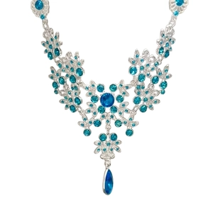 Collana vintage argento con motivo a fiori e farfalle e pendente a goccia blu