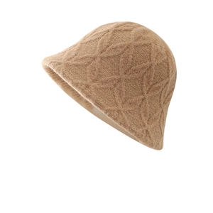 Camel plush knit bucket hat featuring classic diamond weave pattern and warm fuzzy texture