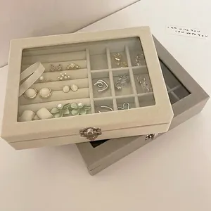 Large Capacity Velvet Jewelry Box Organizer Earring Ring Storage Case With Glass Window Metal Clasp For Women Jewelry Box