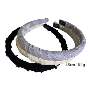 Three Korean-style padded headbands in black, beige, and lilac with fringe details