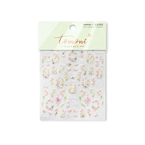 Floral nail art stickers with pink lily of the valley and sparkling crystal diamonds
