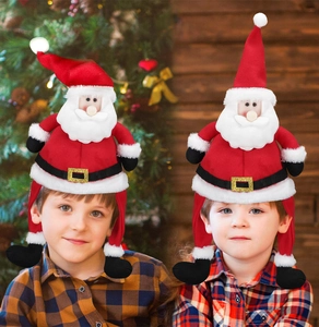 Detailed plush Santa hat for children featuring a 3D Santa doll and sparkling belt elements