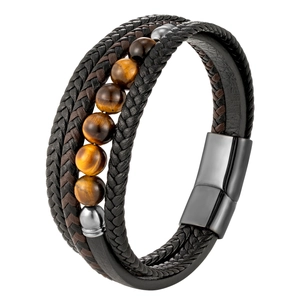 Bracelet multicouche en cuir pour hommes avec pierres œil de tigre et fermoir magnétique