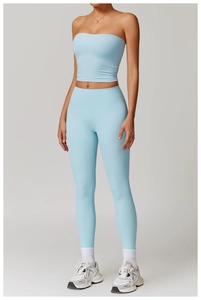 Ensemble haut sans bretelles et legging taille haute bleu clair pour yoga et fitness