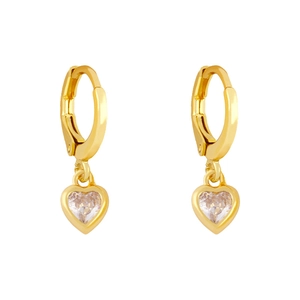 Elegant gold heart-shaped zircon drop earrings with hoop closure on white background