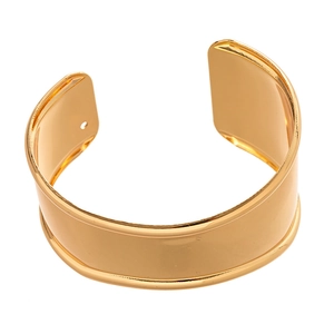 Minimalist wide golden metal open cuff bracelet with a polished mirror finish surface