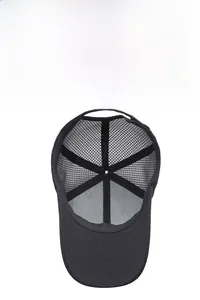 Detail of breathable mesh back on black baseball cap with high ventilation design