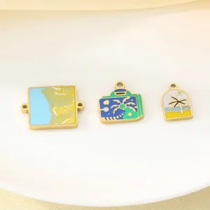 Stainless Steel Enamel Charms Pendants DIY Jewelry Making Summer Beach Coconut Tree Sunset Tropical Travel Suitcase