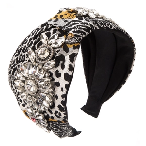 Baroque leopard print wide headband with luxury rhinestones and crystal star patterns