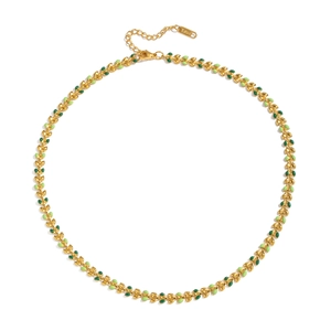 Retro 18K gold plated stainless steel necklace with green enamel leaf pendants