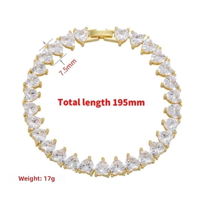 Detailed view of heart-shaped zircon bracelet with fold-over clasp and measurements