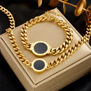 Gioielli in Acciaio Inossidabile Vintage Con Ciondolo Rotondo a Numeri Romani per Donna Collana a Catena Spessa E Bracciale Placcato Oro Argento Accessori Moda