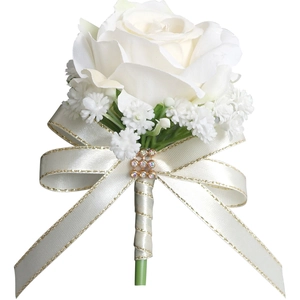 Elegant white silk rose boutonniere with gold-edged ribbon and rhinestone accents