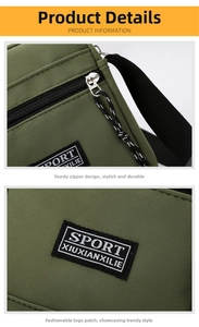 Close-up of military green nylon crossbody bag showing metal zipper and Sport logo label