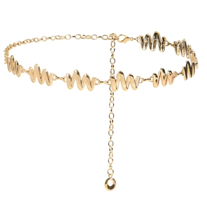 Golden wave-pattern metal waist chain with adjustable link extension and round pendant
