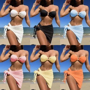 Bandeau Bikini Top And Bottom With Matching Sarong Wrap Skirt Smocked Textured Fabric Ring Decor Beach Vacation Women