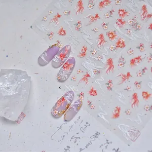 Embossed Nail Art Stickers Ultra Thin Chinese Style Goldfish Koi Cherry Blossoms Water Ripples Manicure Decor