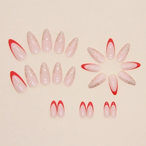 French red tip almond fake nails with gold foil flakes on nude pink base 24pcs set