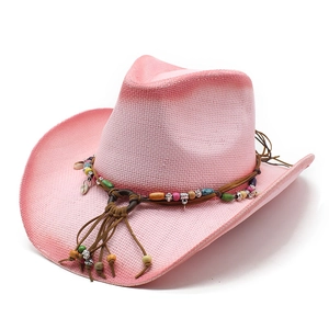 Pink gradient woven western cowboy sun hat with bohemian beaded leather band and shells