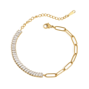 18k gold plated stainless steel bracelet with baguette zircon and paperclip chain