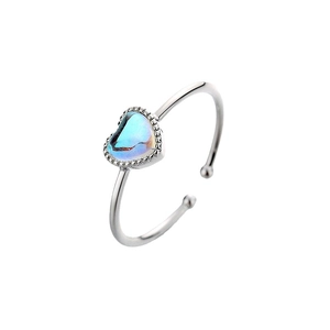 Minimalist adjustable silver ring with heart-shaped iridescent moonstone and beaded edge