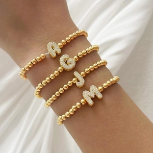 Initial Letter Charm Bracelet With Zircon Micro Pave Copper Beads Elastic Fashion Elegant Jewelry For Women