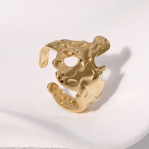 Irregular lava texture open ring in gold finish with vintage fluid metal design