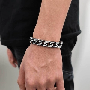 12mm stainless steel cuban link bracelet with CNC zircons on black and white metal