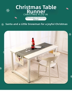 Detailed view of gray Christmas table runner with snowman and forest illustrations
