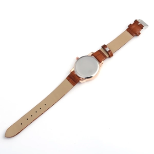 Detail view of quartz watch back with silver metal case and brown crocodile leather strap