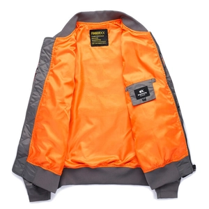 Men's relaxed fit baseball bomber jacket in dark grey with bright orange lining