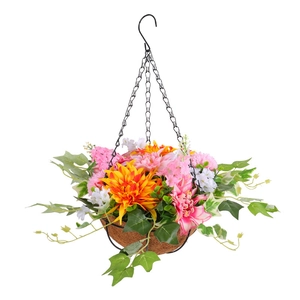 Hanging artificial flower basket with orange dahlias and green ivy for patio decor