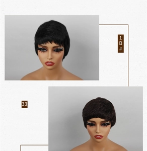Detail view of Pixie cut human hair bob wigs in 1B black and 33 dark brown shades