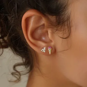 Novelty Stud Earrings With 925 Sterling Silver Earring Post Colorful Zircon Micro Inlaid Lips Pizza Ice Cream For Women