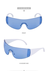Front and side view of Y2K silver blue rimless sunglasses with white temples