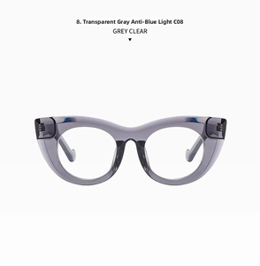 Detailansicht der transparent grauen Cat-Eye-Brille mit Blaulichtfilter-Gläsern