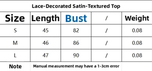 Size chart detail for lace satin top with measurements for length and bust in S M L