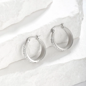 Polished silver stainless steel hoop earrings with double row of clear cubic zirconia stones