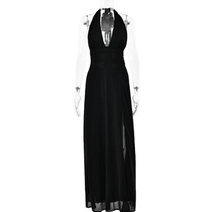 Detail of black halter neck maxi dress with deep V-neck and high side split design