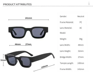 Detailed size chart for square frame punk sunglasses showing all frame dimensions