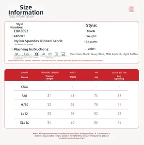 Detailed size chart for ribbed yoga shorts with fabric info and multi-size dimensions