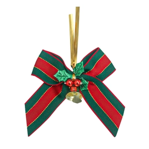 Christmas bow ornament with red green stripes, holly leaves, and a golden bell