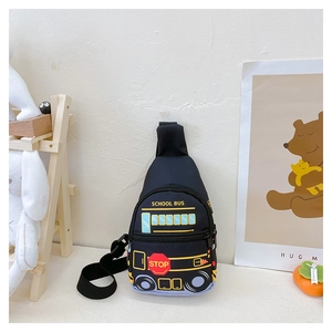 Detail of cartoon school bus chest bag with adjustable strap and durable fabric