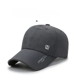 Detail of dark grey quick-dry baseball cap featuring M patch and sport classic printing