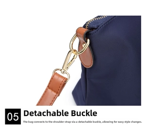 Detail of high-quality gold metallic removable hook on navy blue oxford tote bag
