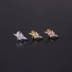 Three 16G surgical steel flat back labret studs in silver, gold, and rose gold finishes